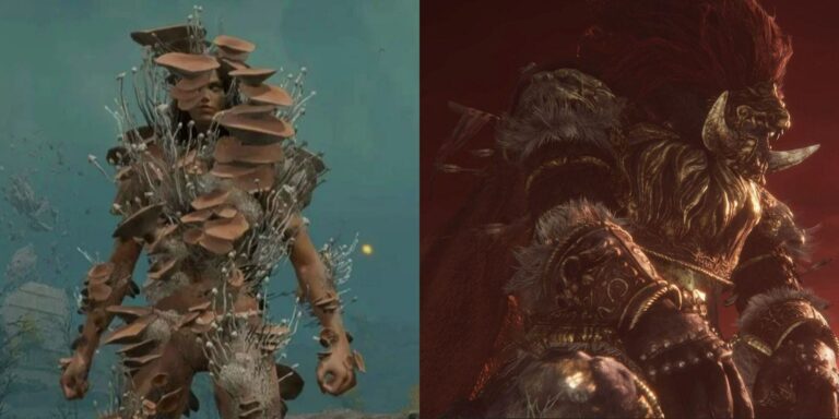 Split image showing the Mushroom and General Radahn armors in Elden Ring.