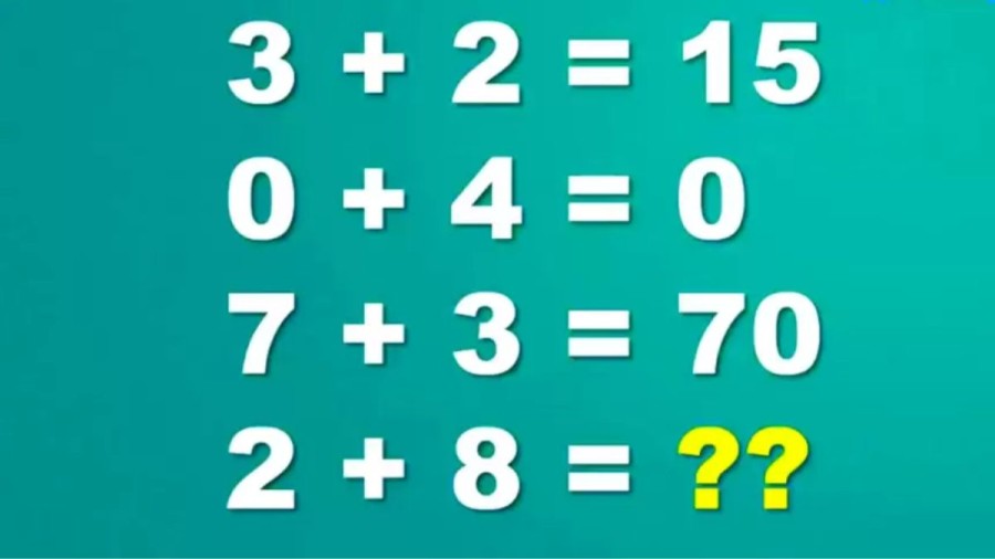 Brain Teaser: 3+2=15, 0+4=0, 7+3=70, 2+8=?